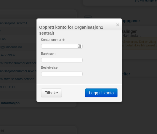 Bildet viser hvilke informasjon som må fylles inn når du prøver å legge opprette ny konto for en organisasjon i HyperSys